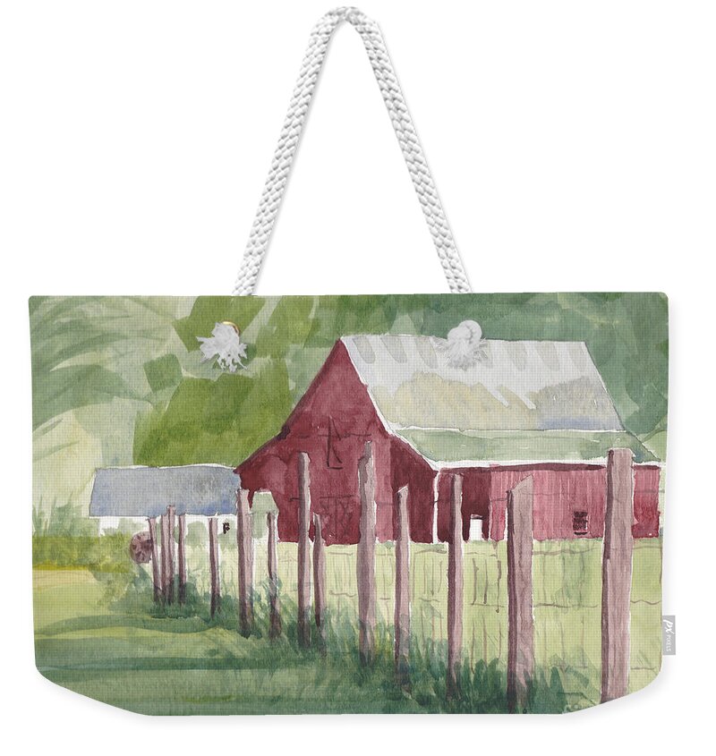 Maryland Weekender Tote Bag featuring the painting Barn, View #2, on Holly Drive by Maryland Outdoor Life