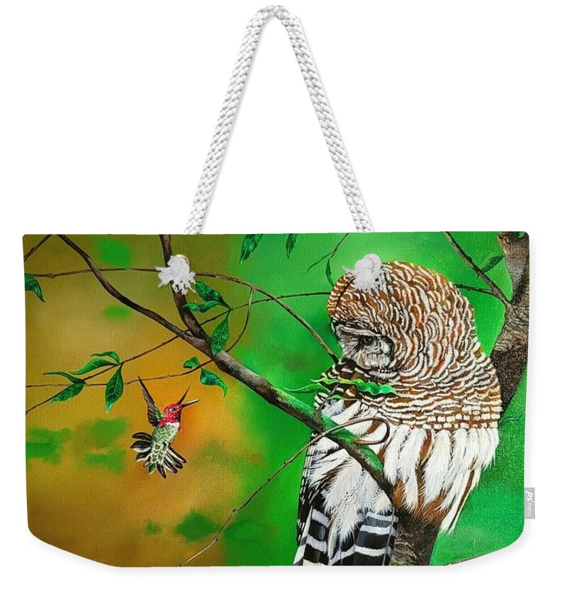 Birds Weekender Tote Bag featuring the painting Barred Owl and Anna's hummingbird by Dana Newman