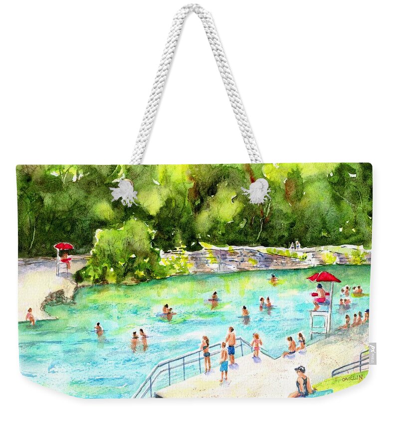 Austin Weekender Tote Bag featuring the painting Barton Springs Pool by Carlin Blahnik CarlinArtWatercolor