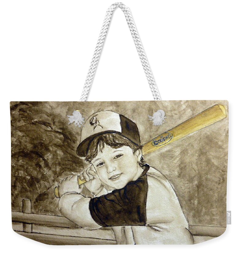 Bat Weekender Tote Bag featuring the painting Baseball at it's best by Kelly Mills