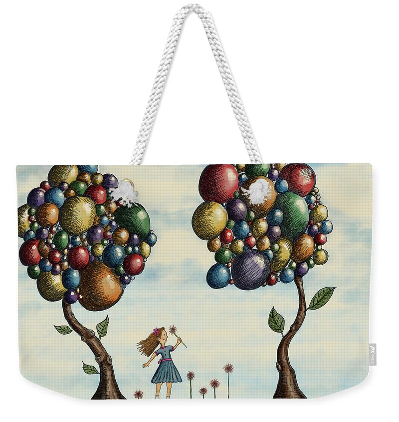 Illustration Weekender Tote Bag featuring the drawing Basie and the Gumball Trees by Christina Wedberg