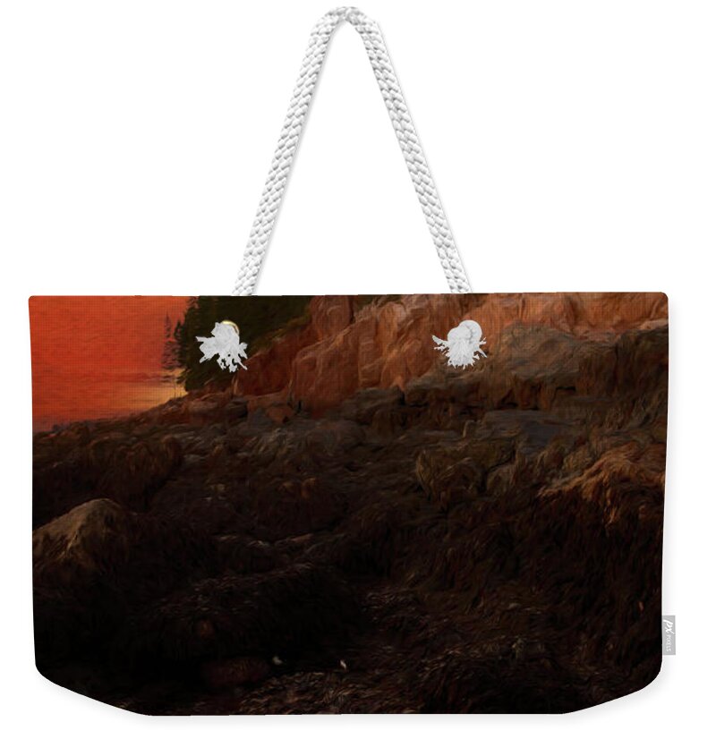 Bass Harbor Light Weekender Tote Bag featuring the painting Bass Harbor Lighthouse Sunset by Dan Sproul