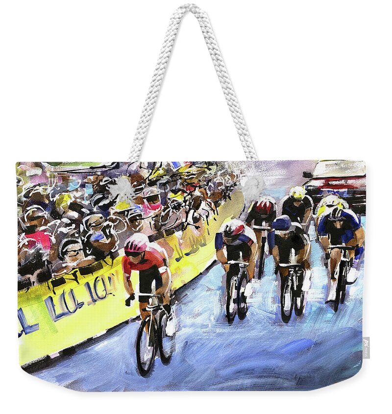 Le Tour De France Weekender Tote Bag featuring the painting Battle for Third Stage 7 TDF2021 by Shirley Peters