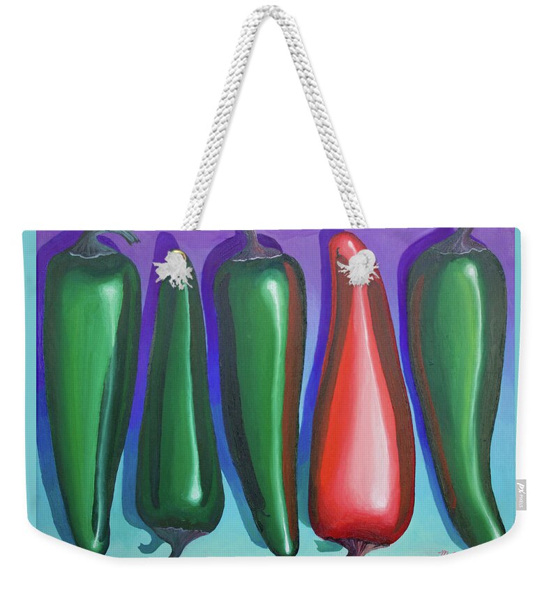 Jalapeno Weekender Tote Bag featuring the painting Bazinga by Michael Goguen