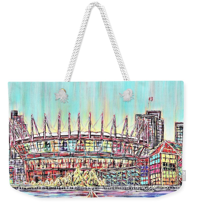 Vancouver Weekender Tote Bag featuring the painting BC Place, Vancouver, Alive In Color by Jeremy Aiyadurai