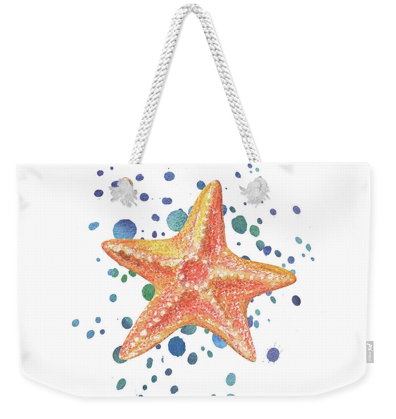 Beach Art Weekender Tote Bag featuring the painting Beach Art Watercolor Splash Sea Star Ocean Treasure I by Irina Sztukowski