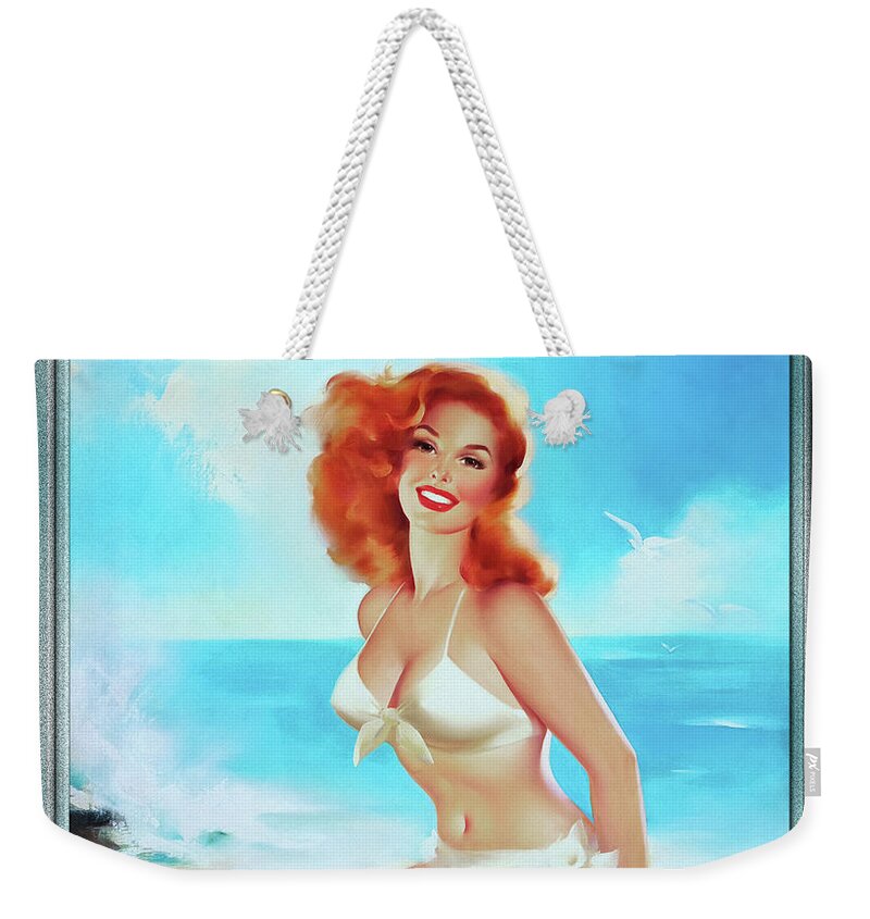 Beach Beauty Weekender Tote Bag featuring the painting Beach Beauty by Edward Runci Pin-Up Girl Vintage Artwork by Rolando Burbon