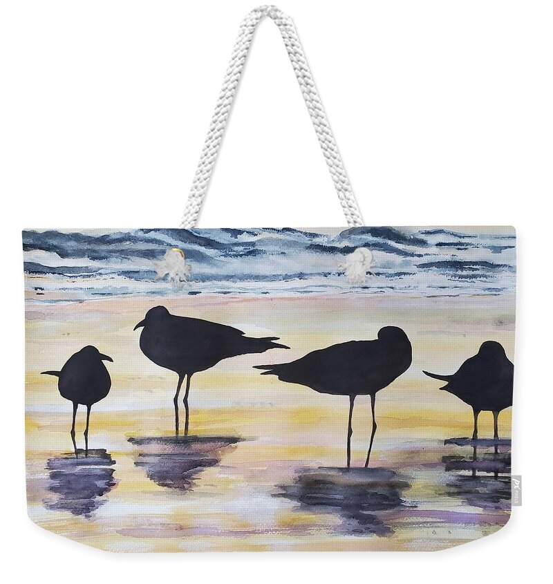 Birds Weekender Tote Bag featuring the painting Beach Birds at Sunset - Watercolor by Claudette Carlton