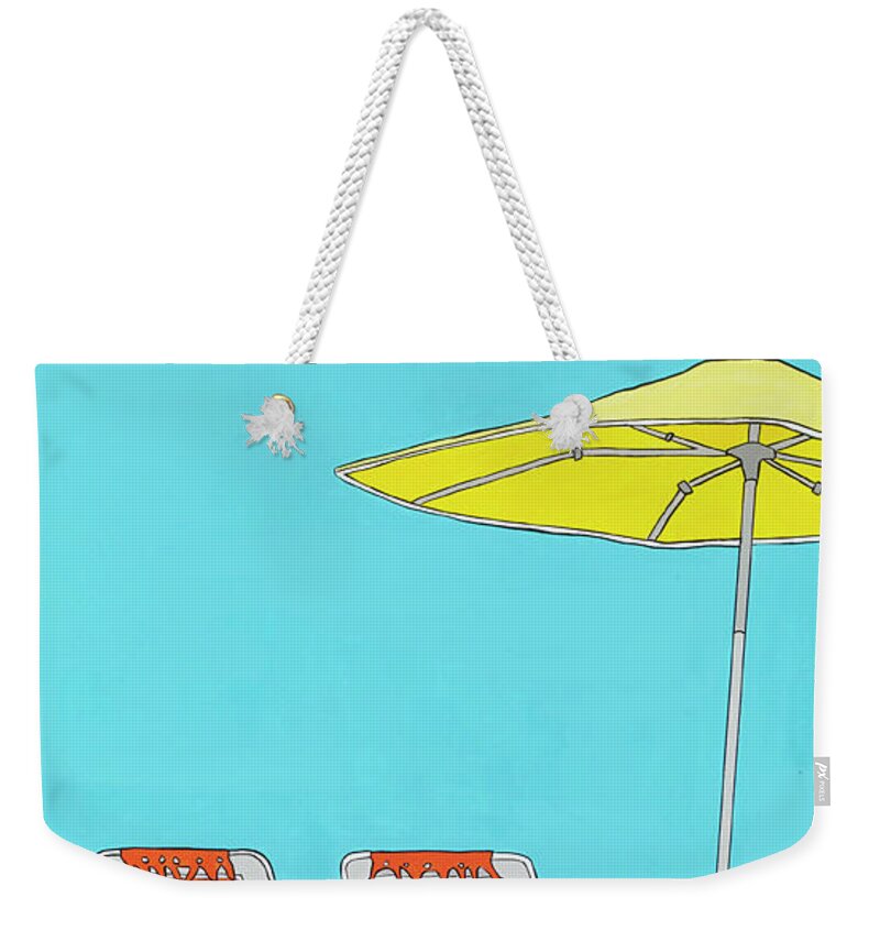 Orange Beach Chairs Water Longisland Montauk Florida Capecod Weekender Tote Bag featuring the painting Beach Chairs by Mike Stanko