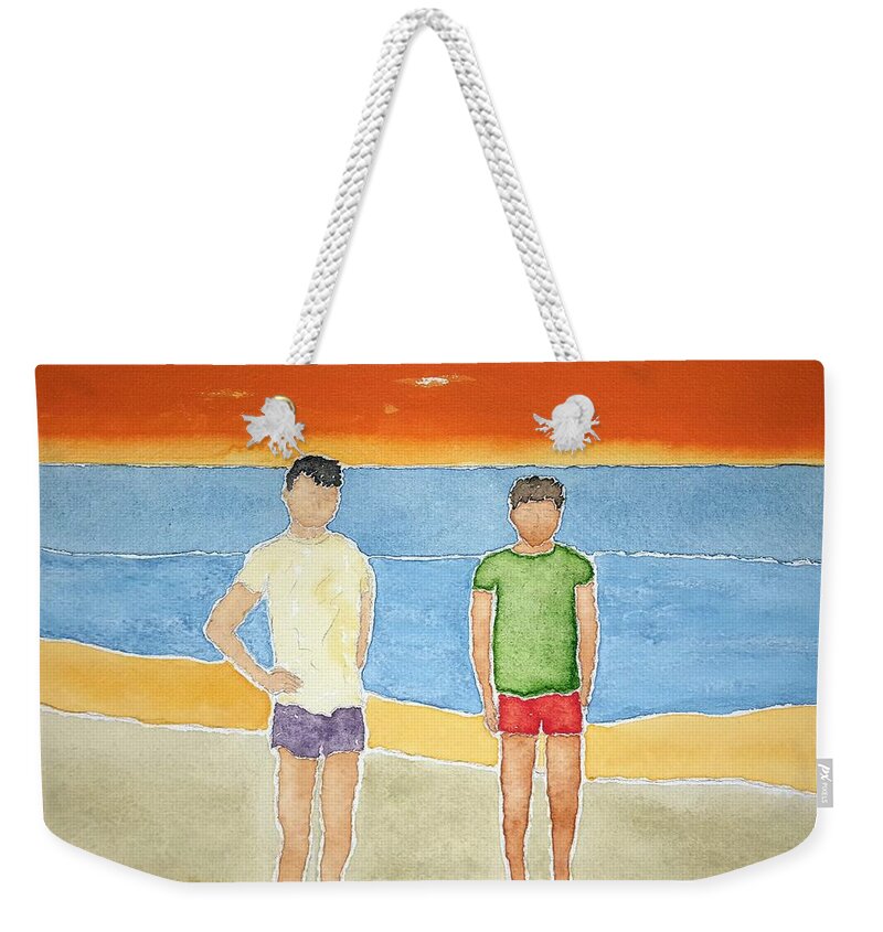 Watercolor Weekender Tote Bag featuring the painting Beach Dudes by John Klobucher