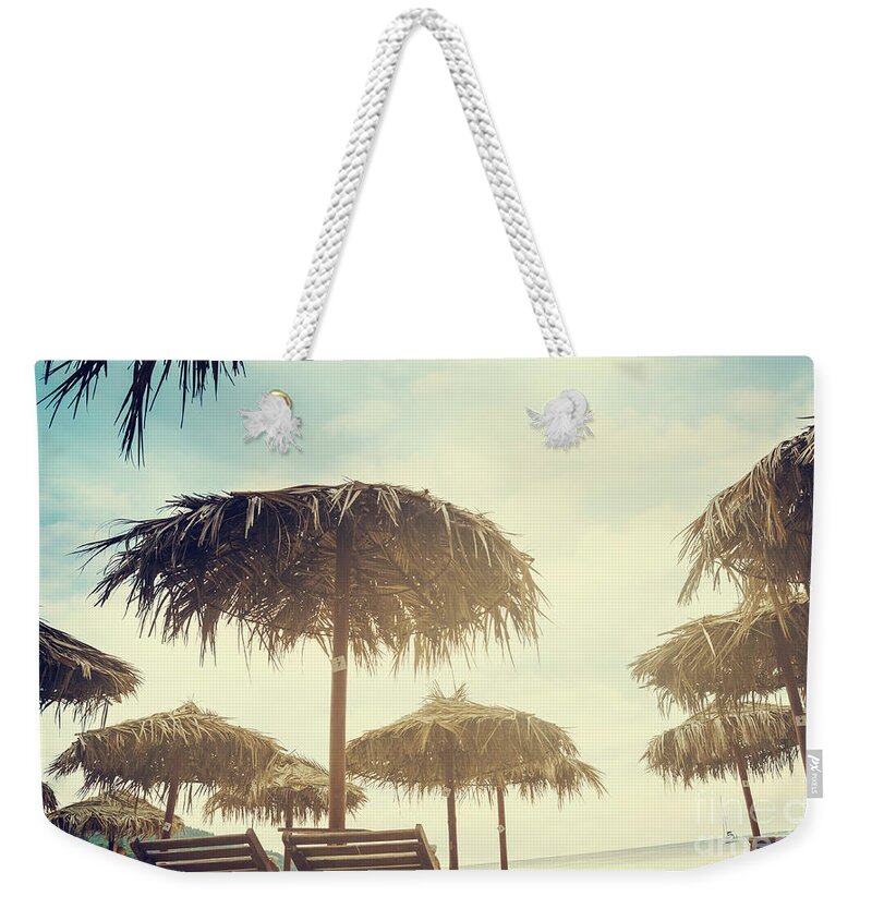 Beach Weekender Tote Bag featuring the photograph Beach Parasols Summer by Jelena Jovanovic