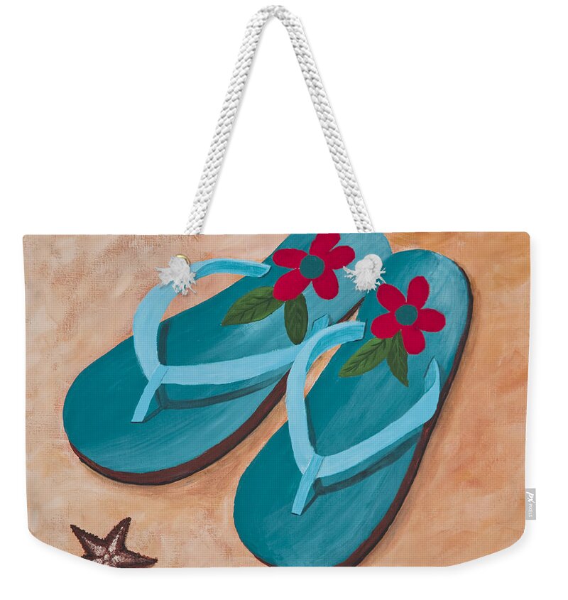 Landscape Weekender Tote Bag featuring the painting Beach Sandals 2 by Darice Machel McGuire