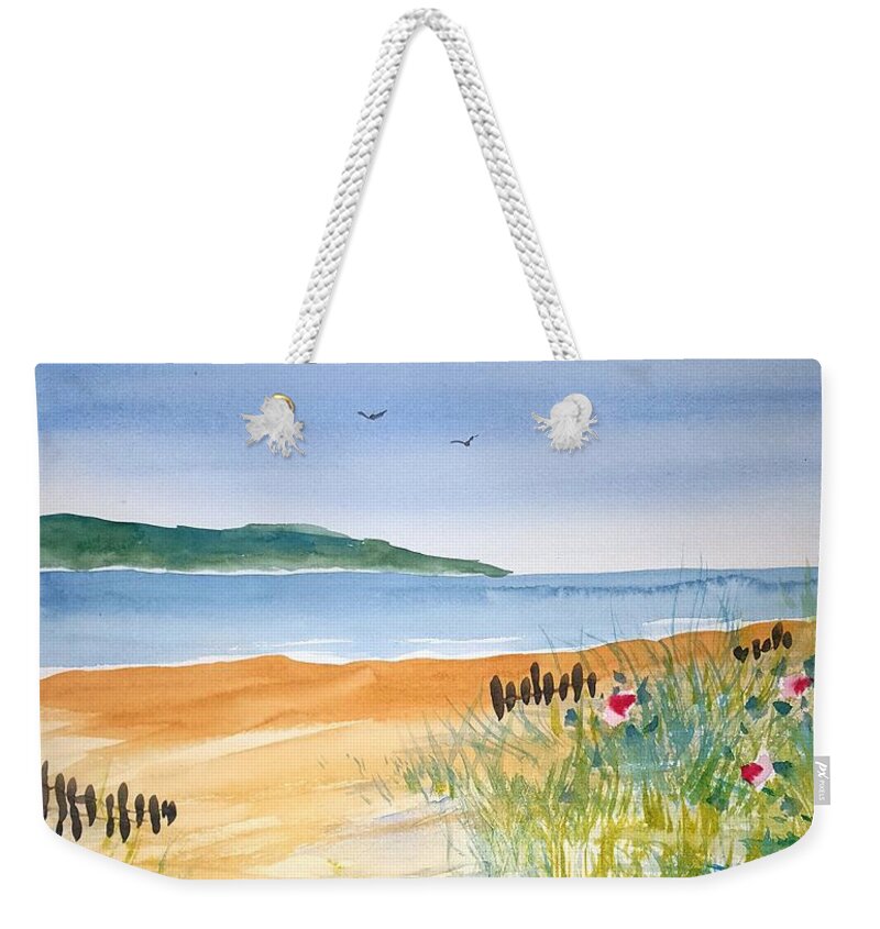 Watercolor Weekender Tote Bag featuring the painting Beach Walk by John Klobucher