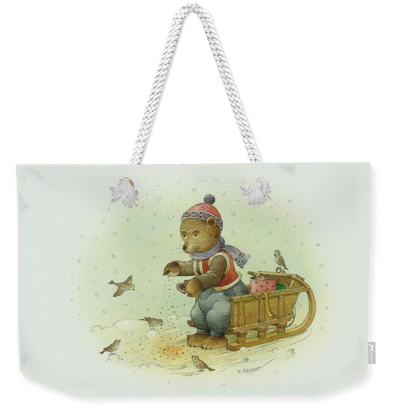 Christmas Weekender Tote Bag featuring the painting Bear and Birds by Kestutis Kasparavicius