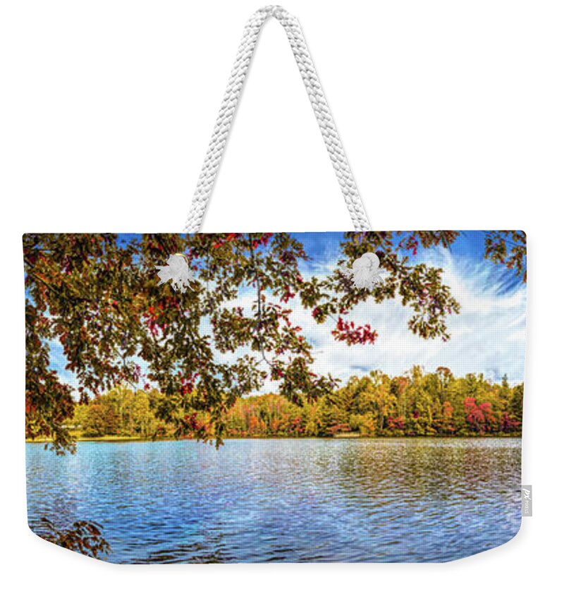 Panorama Weekender Tote Bag featuring the photograph Beautiful Autumn Lake at Indian Boundary Painting by Debra and Dave Vanderlaan