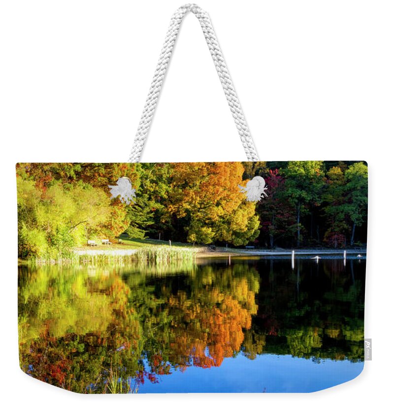 Benton Weekender Tote Bag featuring the photograph Beautiful Autumn Lake Reflections Smoky Mountains by Debra and Dave Vanderlaan