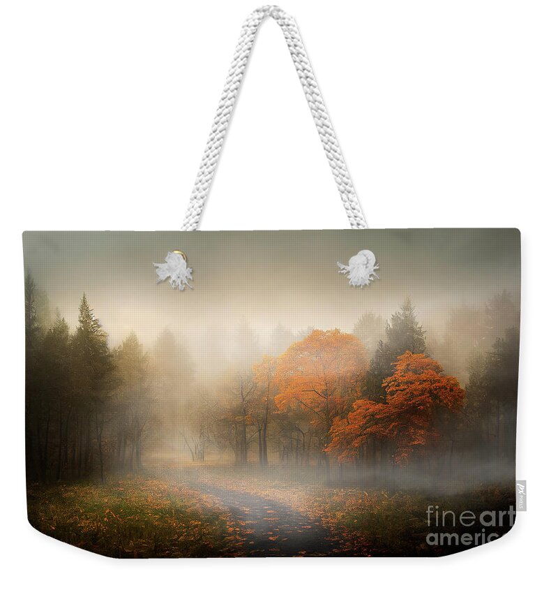 Autumn Weekender Tote Bag featuring the digital art Beautiful autumn landscape of misty forest and path with fall le by Jelena Jovanovic