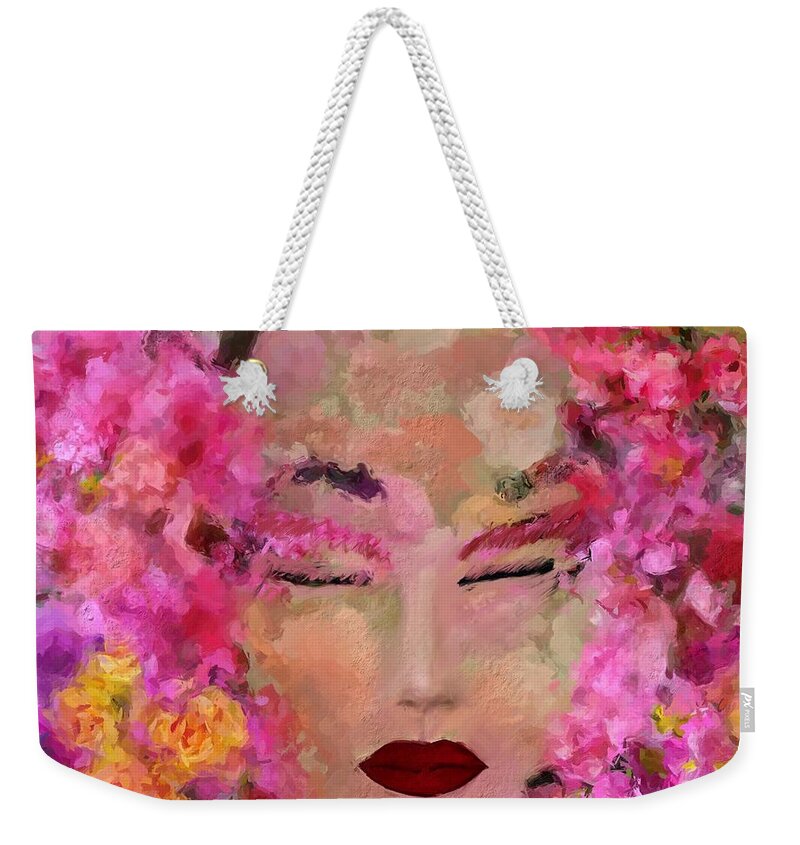 Red Weekender Tote Bag featuring the digital art Beautiful face on Flowers background  by Doron B