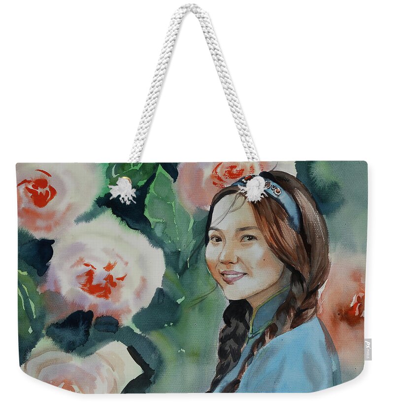 Beautiful Weekender Tote Bag featuring the painting Beautiful Mongolian Woman by Munkhzul Bundgaa