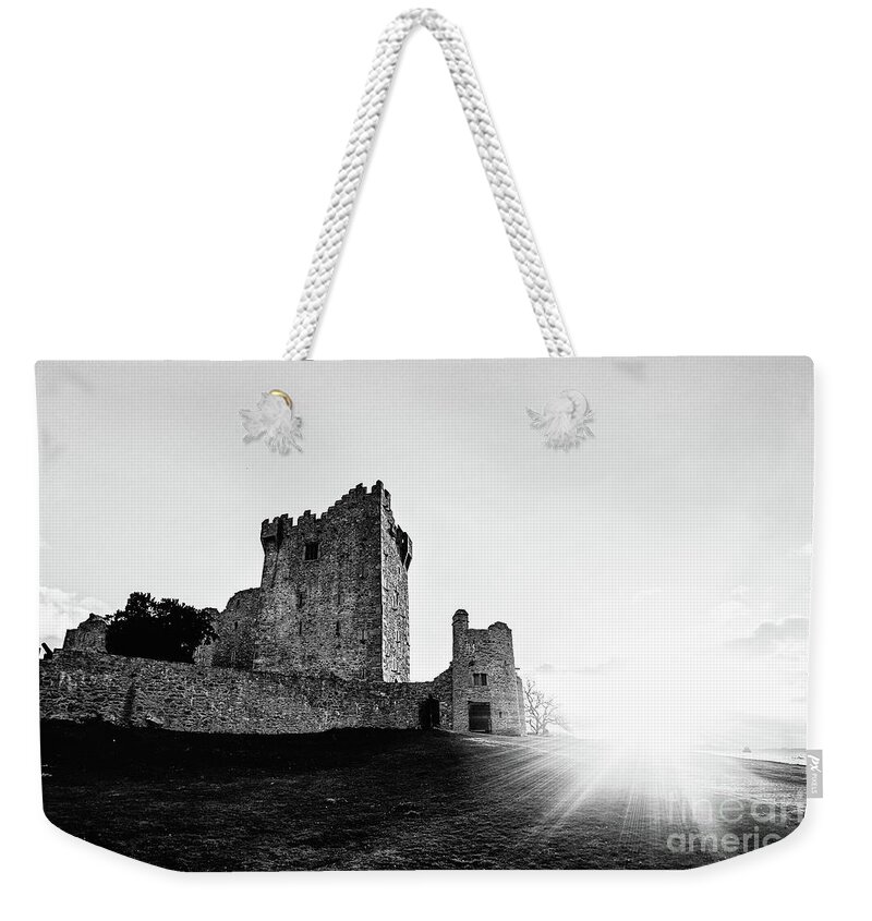 Dark Weekender Tote Bag featuring the photograph Beautiful Sunset on Ross Castle Killarney - BW by Scott Pellegrin