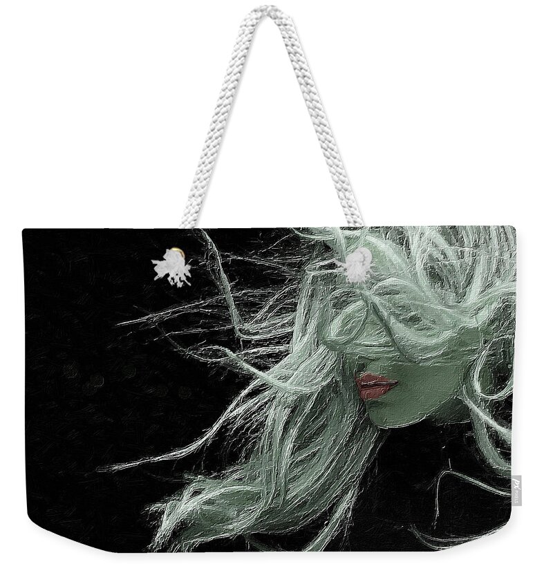Hair Weekender Tote Bag featuring the painting Beautiful woman with long Crazy hair by Tony Rubino