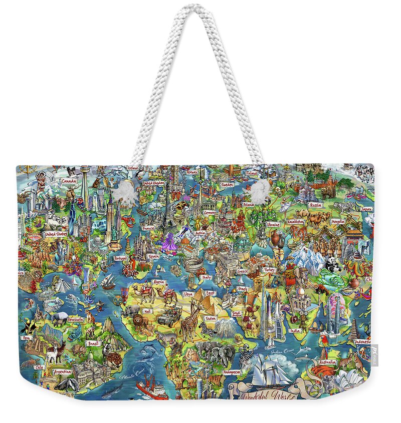 World Illustrated Map Weekender Tote Bag featuring the digital art Beautiful World - Map Illustration by Maria Rabinky
