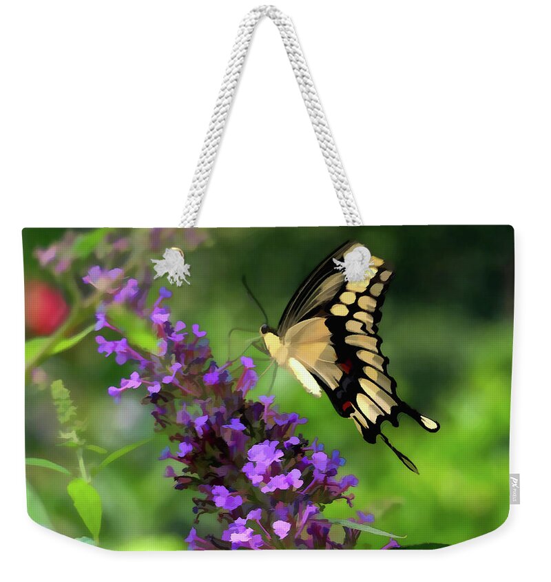 Giant Swallowtail Butterfly Weekender Tote Bag featuring the digital art Beauty in the Garden by Amy Dundon