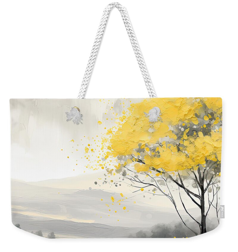 Yellow Weekender Tote Bag featuring the painting Beauty of Autumn - Watercolor Painting of the Woods in Gray and Yellow Leaves Art by Lourry Legarde