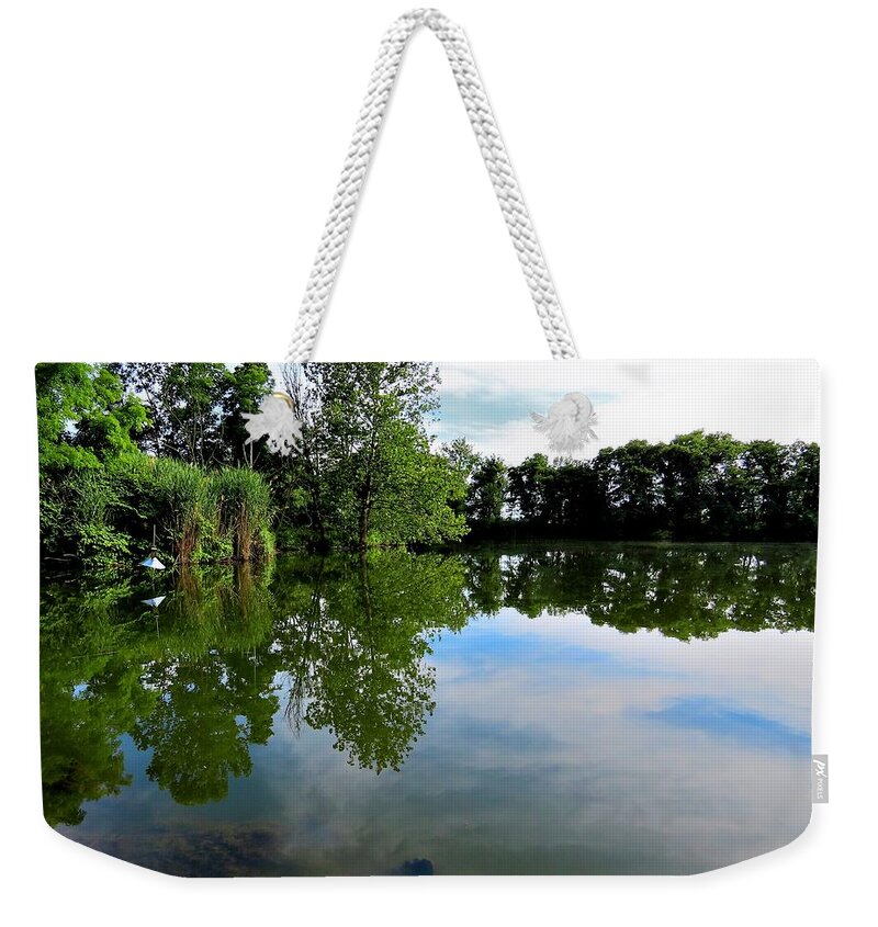 Beaver Pond Weekender Tote Bag featuring the photograph Beaver Pond at Palmyra Nature Cove by Linda Stern