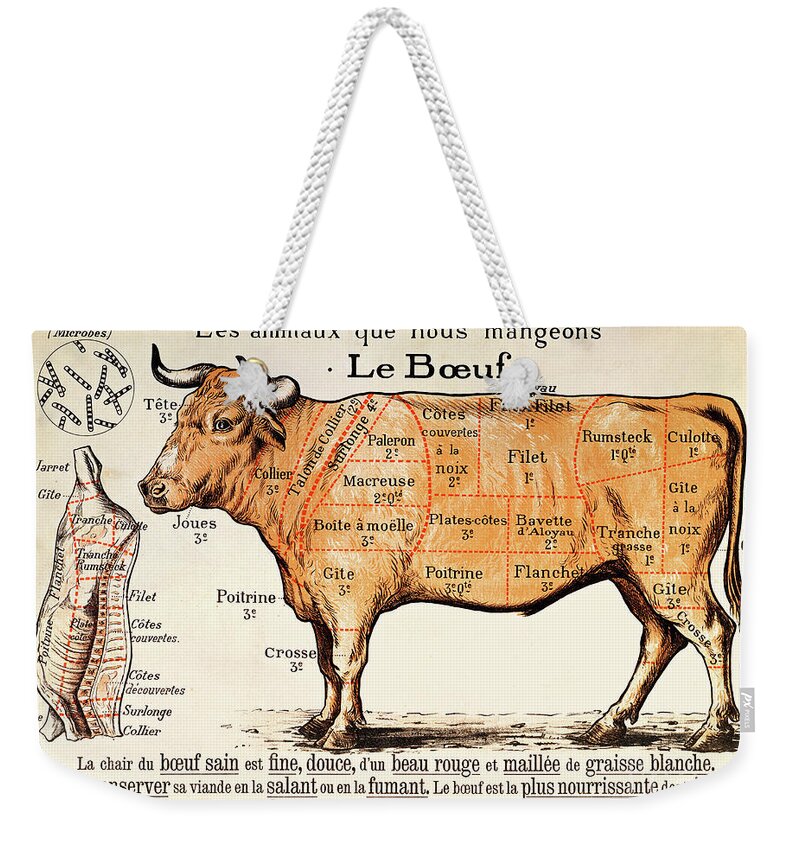 Le Boeuf; Cow; Cut; Joint; Food; Animal; Butchering Weekender Tote Bag featuring the drawing Beef by French School