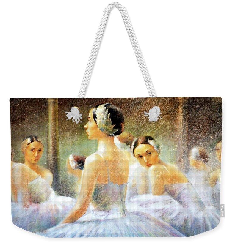Ballerina Weekender Tote Bag featuring the painting Behind the scenes by Vali Irina Ciobanu