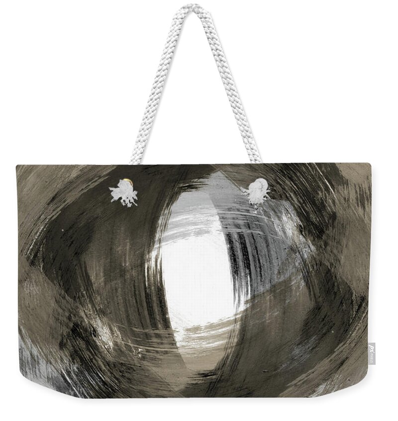 Beige Weekender Tote Bag featuring the painting Beige and Grey Modern Abstract Brushstroke Painting Vortex by Janine Aykens
