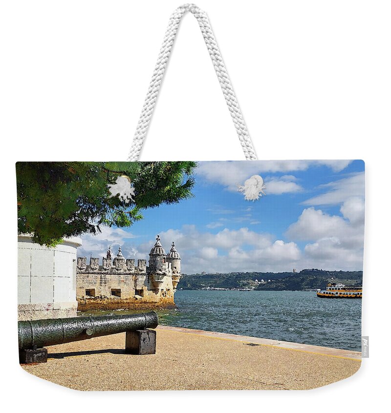 Fort Lisbon Weekender Tote Bag featuring the digital art Belem Tower of Saint Vincent Medieval Fort Cannon Boat Lisbon Portugal by Irina Sztukowski