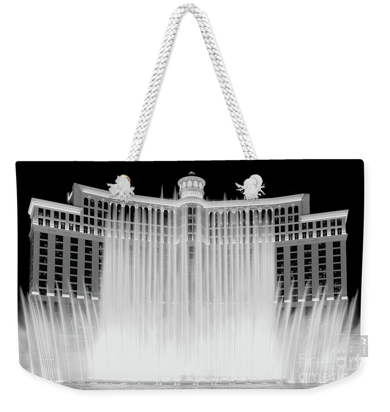 Bellagio Weekender Tote Bag featuring the photograph Bellagio Fountains Perfect Symmetry Black and White by Aloha Art