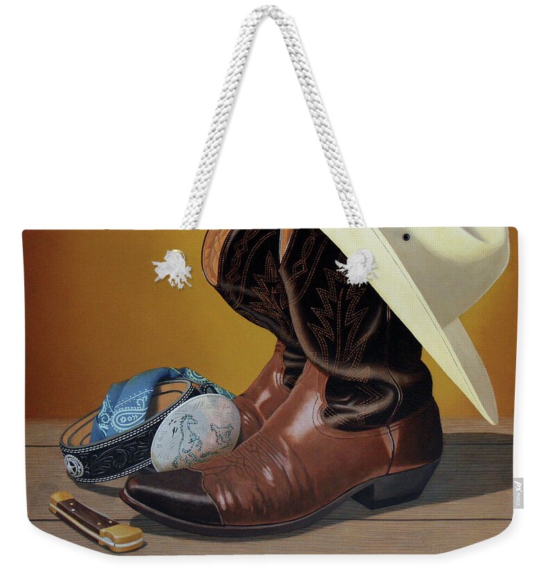 Still Life Weekender Tote Bag featuring the painting Belt buckle, boots, and a buck by Norman Engel