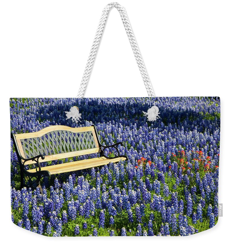Bluebonnet Weekender Tote Bag featuring the photograph Bench and Lupine by Eggers Photography