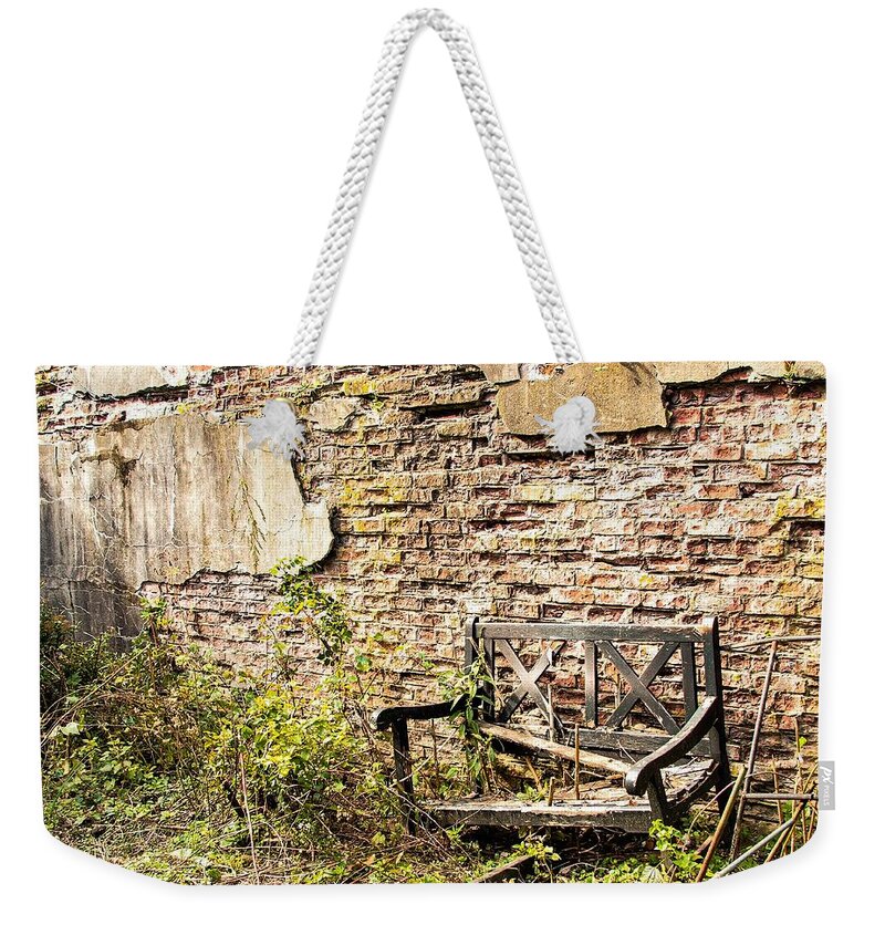 Bench Wall Wood Old Weekender Tote Bag featuring the photograph Bench Wall 1 by John Linnemeyer