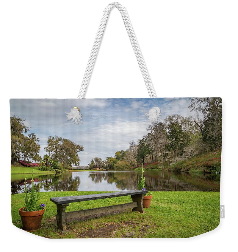 Middleton Place Plantation Weekender Tote Bag featuring the photograph Bench with a View by Cindy Robinson