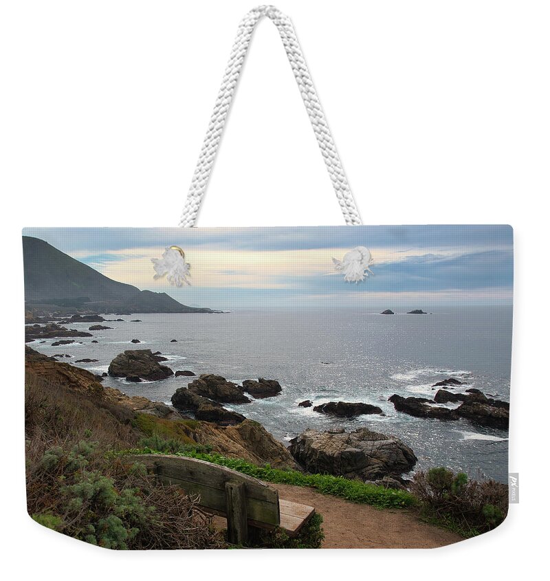 Beach Weekender Tote Bag featuring the photograph Bench With a View in Big Sur by Matthew DeGrushe