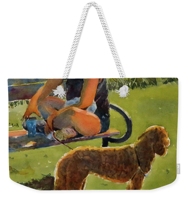 Summer Weekender Tote Bag featuring the painting Benched Lady and Her Dog by David Gilmore