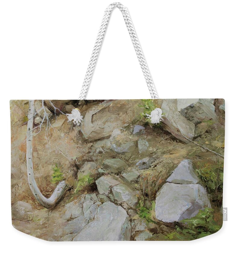 Bent Weekender Tote Bag featuring the painting Bent Aspen by Hone Williams