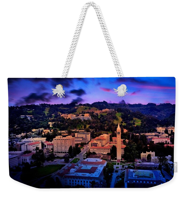 Berkeley Weekender Tote Bag featuring the digital art Berkeley University of California campus - aerial at sunset by Nicko Prints