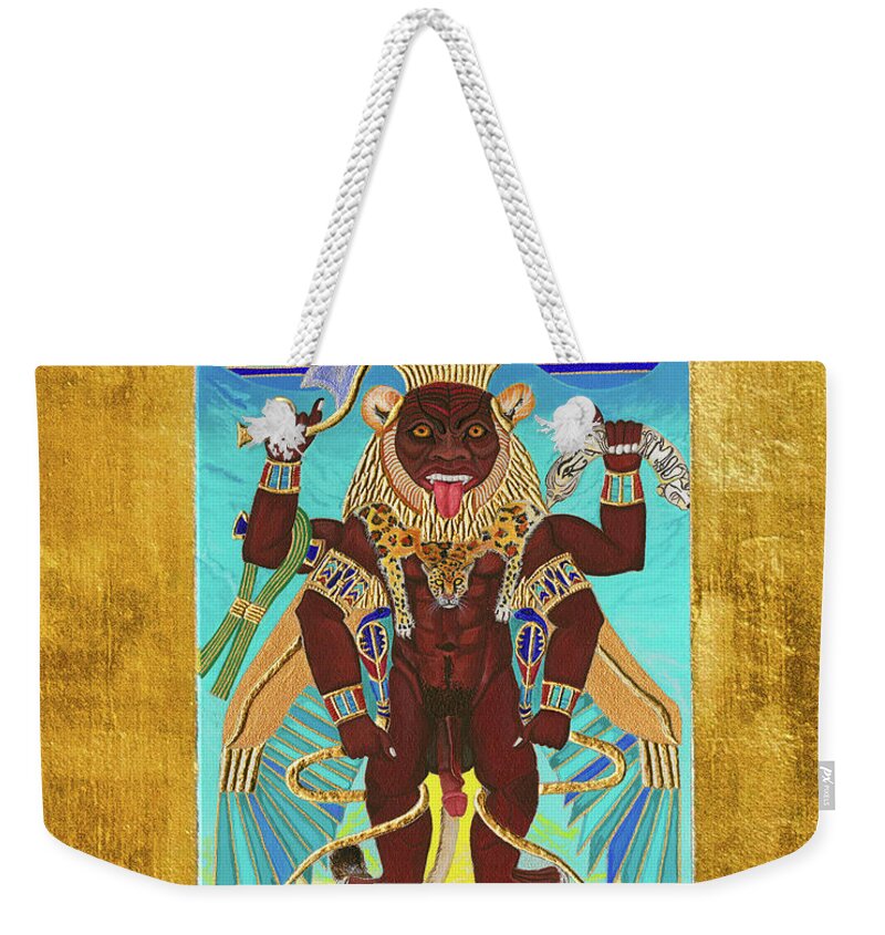 Bes Weekender Tote Bag featuring the mixed media Bes the Magical Protector by Ptahmassu Nofra-Uaa