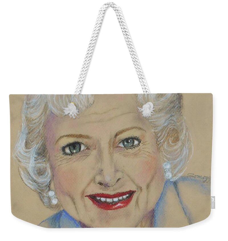 Betty White Weekender Tote Bag featuring the drawing Betty White by Jayne Somogy