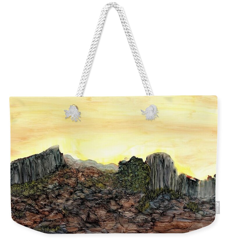 Rock Weekender Tote Bag featuring the painting Between a rock and an arroyo by Angela Marinari