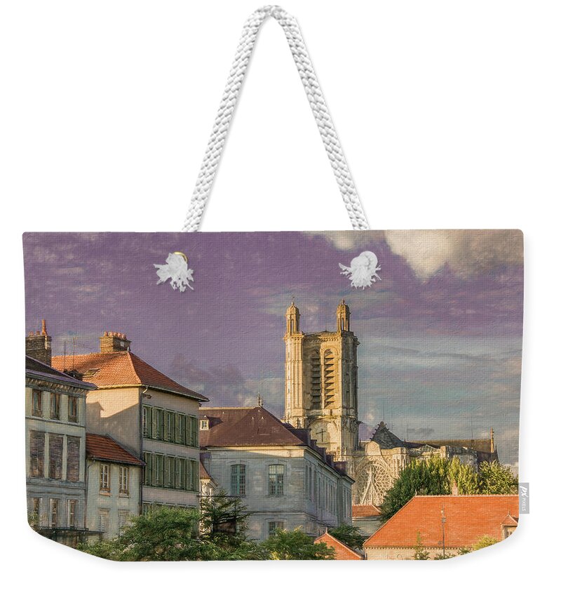 Troyes Weekender Tote Bag featuring the photograph Beyond the Rooftops in Troyes, Painterly by Marcy Wielfaert