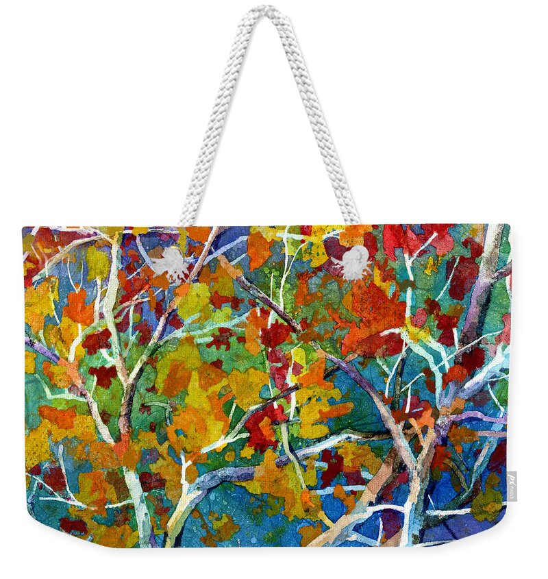 Trees Weekender Tote Bag featuring the painting Beyond the Woods - Orange by Hailey E Herrera