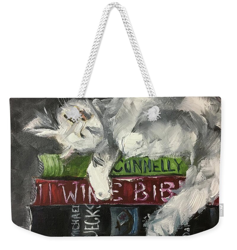 Sleepy Cat Weekender Tote Bag featuring the painting Biblio Cat by Roxy Rich