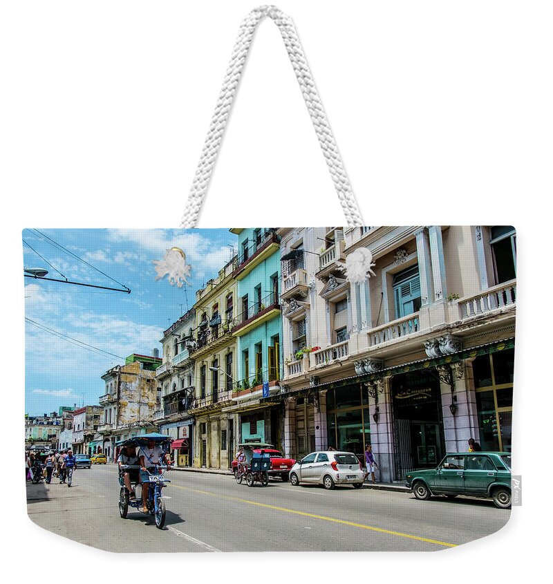 Cuba Weekender Tote Bag featuring the photograph Bicitaxi on a Old street. Havana. Cuba by Lie Yim