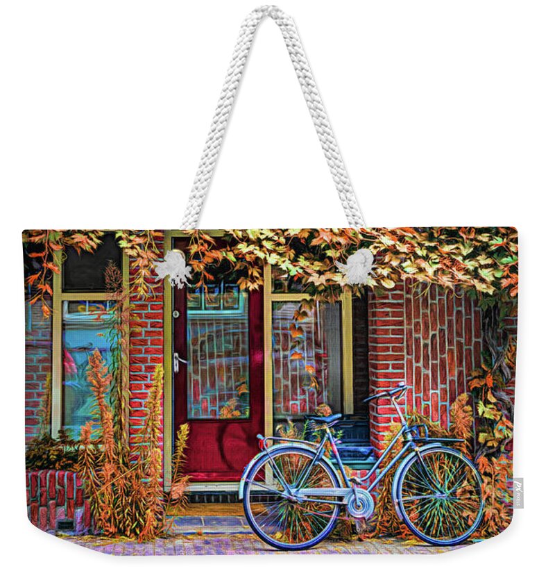 Spring Weekender Tote Bag featuring the photograph Bicycle Along the Streets of Amsterdam Painting by Debra and Dave Vanderlaan